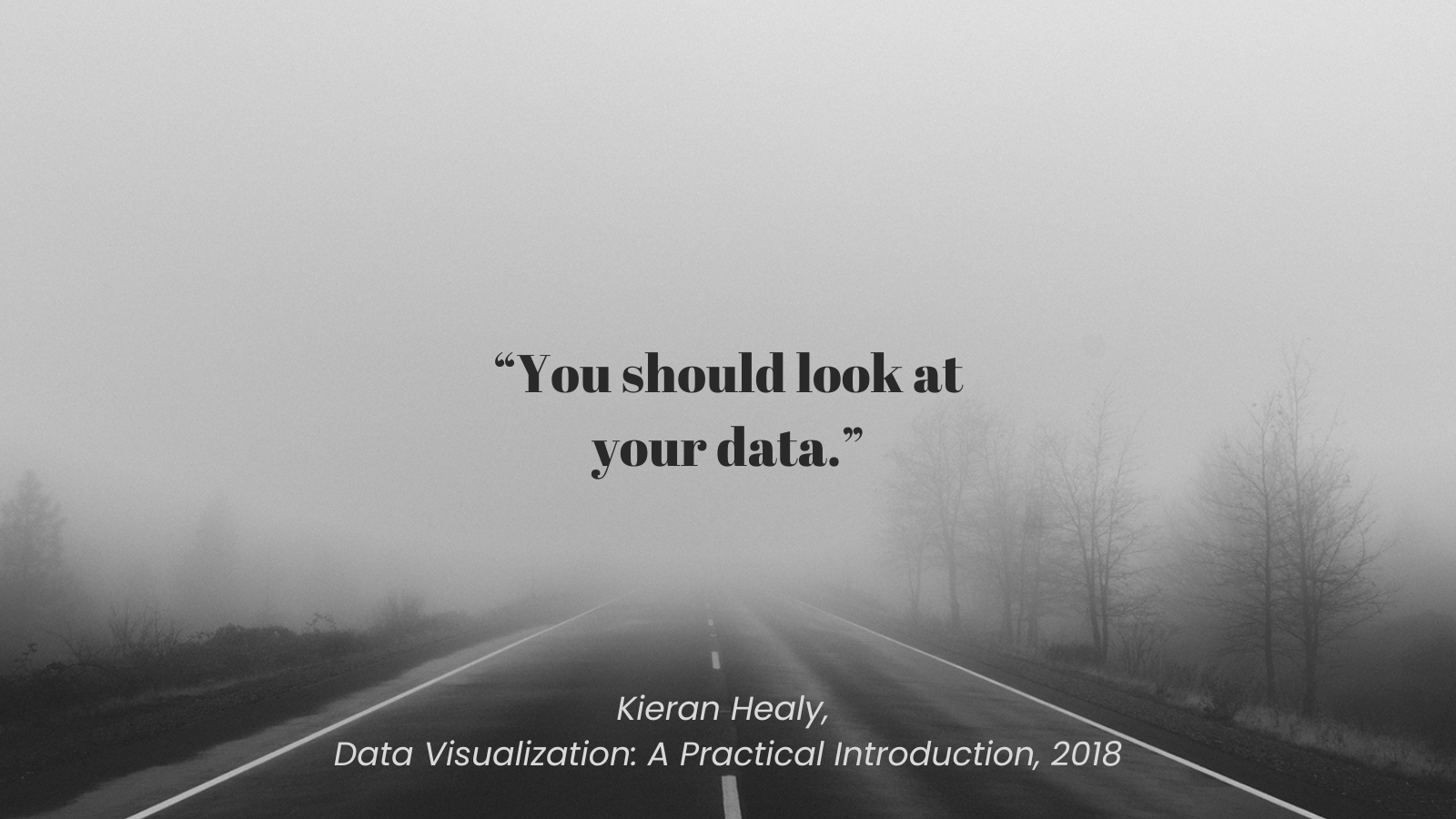 A motivational poster with quote from Kieran Healy saying "You should look at your data." The quote is from Data Visualization: A Practical Introduction, 2018.o