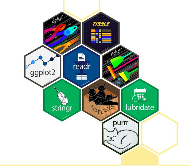 Hex stickers for all the packages that make up the tidyverse