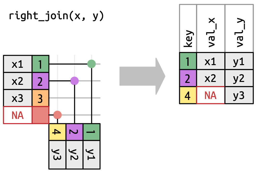 Chart showing how right join works. Left side table has key id 1, 2, 3 and variable x 1, 2, 3. The right side table has id 1, 2, 4 and variable y 1, 2, 3. The joined data has all ids from right side table, 1, 2, 4, along with y 1, 2, 3, ids 1 and 2 have x 1 and 2 and for id 4, x is NA.